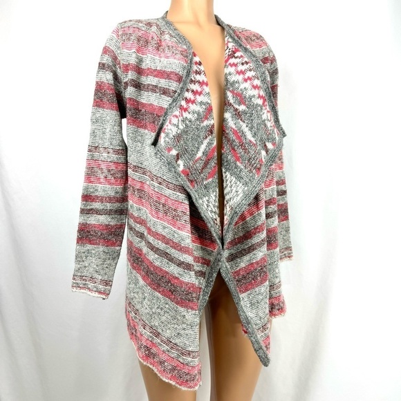 Lucky Brand NWT $148 Women’s Sz S Open Front Cardigan Sweater Striped Grey & Red - Picture 1 of 12